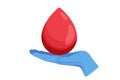 Illustration for blood donor day, hand in medical glove holding a drop of blood, concept of donating blood to another Royalty Free Stock Photo